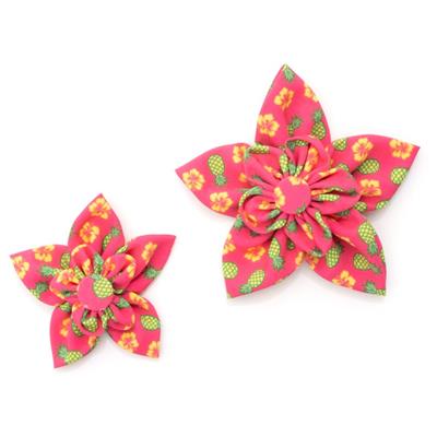 Two pink floral dog collar flowers with pineapple patterns on a white background