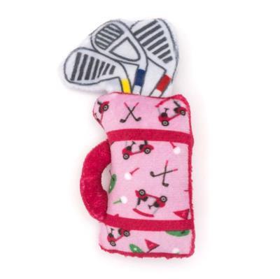 Pink golf bag toy with clubs and a pink golf club on a white background