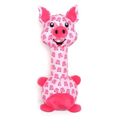 Plush pig toy with pink and white pattern on a white background