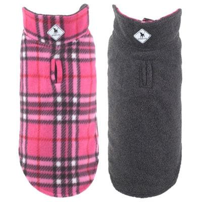 Reversible dog coat, one side plaid pink and black, the other gray, on a white background.