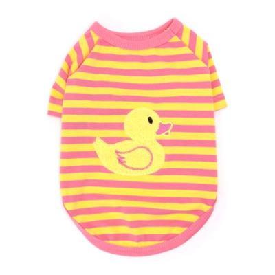Pink and yellow striped pet shirt with a duck design on a white background