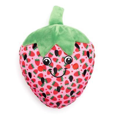Plush toy shaped like a strawberry with a smiley face on a white background