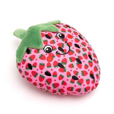 Plush strawberry toy with a happy face on a white background