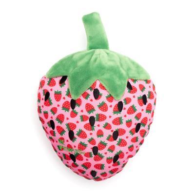 Plush strawberry toy with pink pattern on a white background