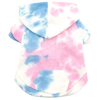 Tie-dye hoodie with pink and blue patterns on a white background