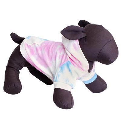Plush dog mannequin wearing a tie-dye shirt on a white background