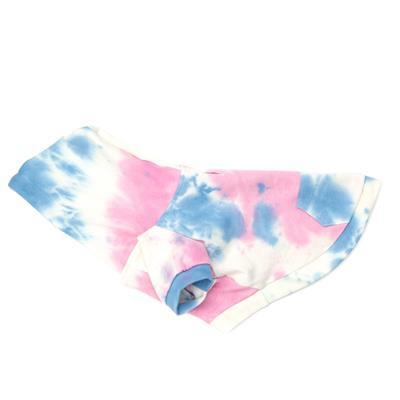 Tie-dye patterned dog hoodie on a white background