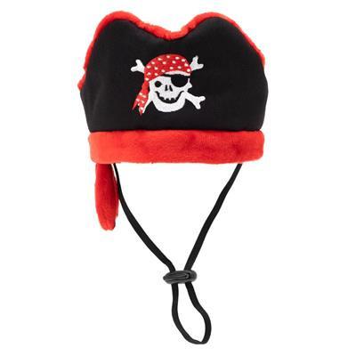 Red & black pirate-themed hat with skull and crossbones design on a white background