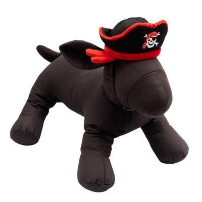 Plush dog toy wearing a pirate hat on a white background