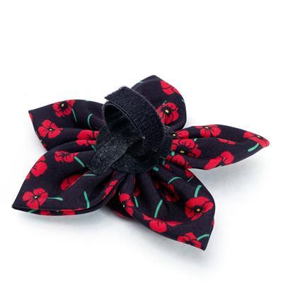Black collar bow with red floral pattern on a white background