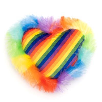 Heart-shaped object with rainbow stripes and fluffy edges on a white background