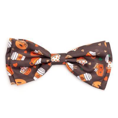 Brown dog bow tie with patterns of coffee, pumpkin pie and fall on white background