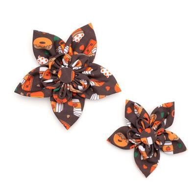 Pair of decorative collar flowers with Fall-themed design on a white background