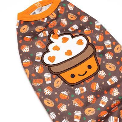 Dog shirt with cartoon hot chocolate design and cupcake pattern on a brown background