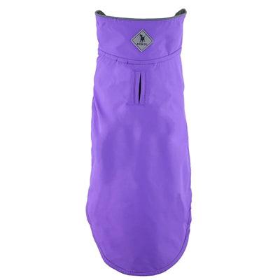 Purple dog jacket with a brand logo on a white background