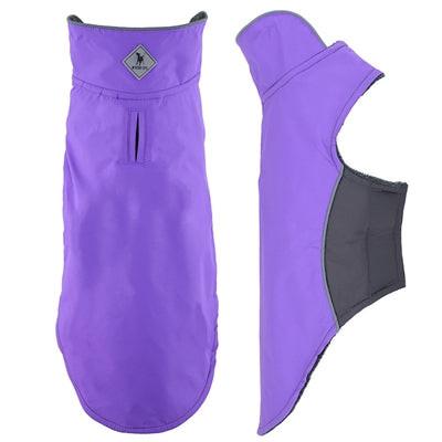 Purple dog coat with gray strap on a white background