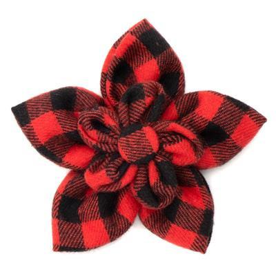 Red and black checkered flower-shaped fabric collar bow on a white background