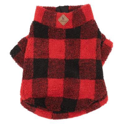 Red & black buffalo plaid pullover dog fleece on white background