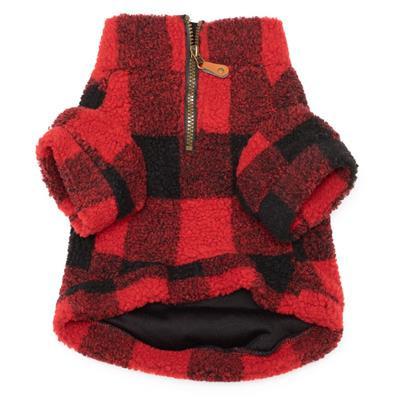 Red and black checkered dog fleece with a zipper on a white background