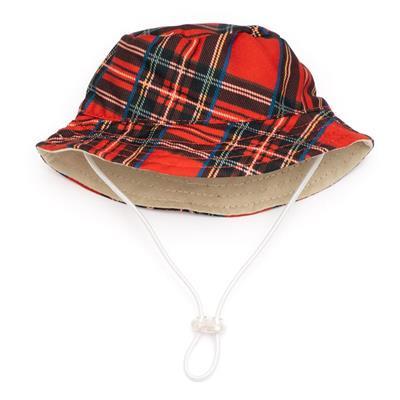Plaid bucket hat with a white drawstring on a white background