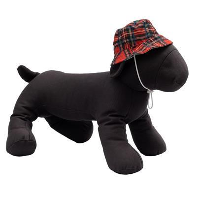 Black plush dog toy wearing a red plaid hat on a white background