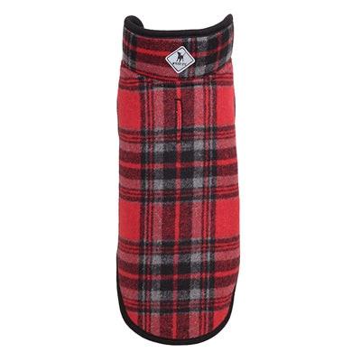 Red and black plaid dog coat on a white background