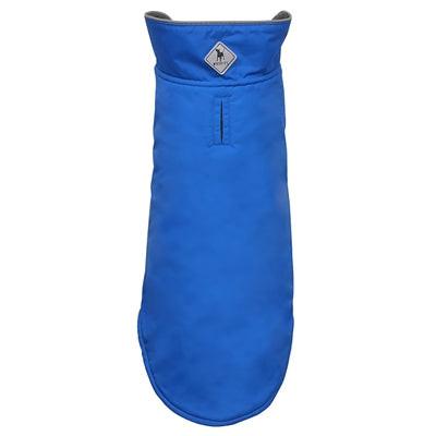 Blue dog coat with a brand logo on a white background