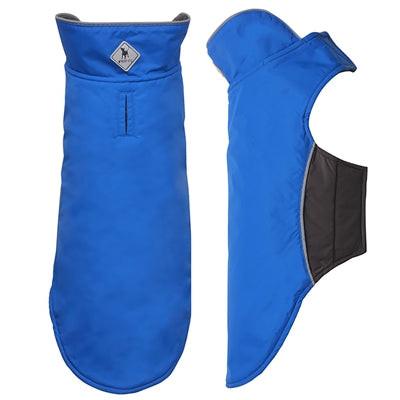 Blue dog coat with a brand logo on a white background