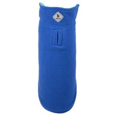 Blue pet coat with a brand logo on a white background
