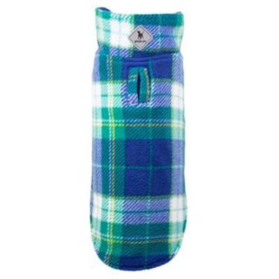 Royal blue & green plaid dog jacket with brand logo on a white background