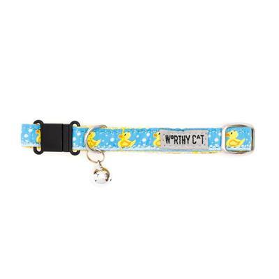 Blue cat collar with yellow ducks and bell on white background