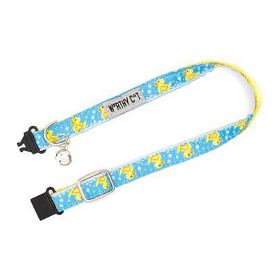 Blue cat collar with yellow ducks and bell on white background