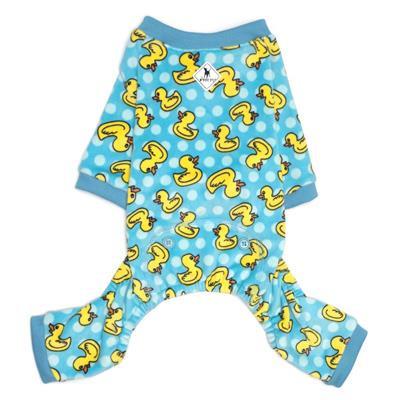Dog pajama set with yellow duck pattern on blue polka dot fabric