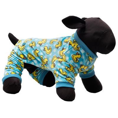 Dog wearing a blue pajama set with yellow duck patterns on a white background