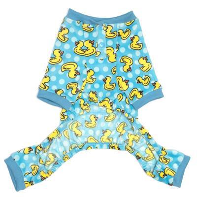 Dog onesie with rubber duck pattern on a blue background