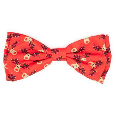 Red bow tie designed for petswith patterns of reindeer on white background