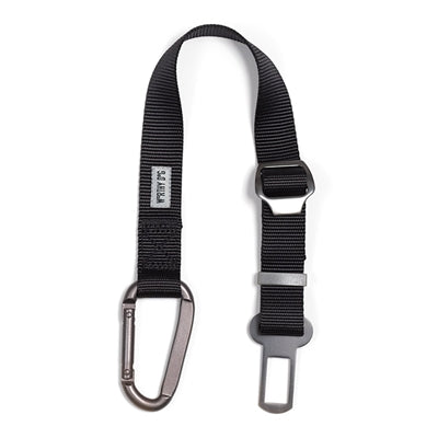 Black strap with carabiner on a white background