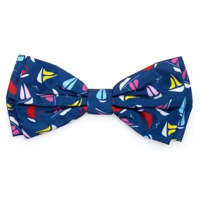 Blue bow tie with colorful sailboat pattern on a white background