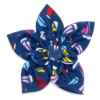 Colorful fabric flower with sailboat pattern on a white background