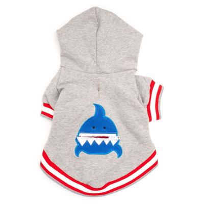 Gray dog hoodie with blue shark applique with red & white strip trim on white background