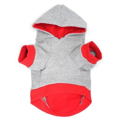 Gray dog hoodie with red lining on white background