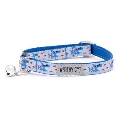 Cat collar with blue shark pattern on a white background
