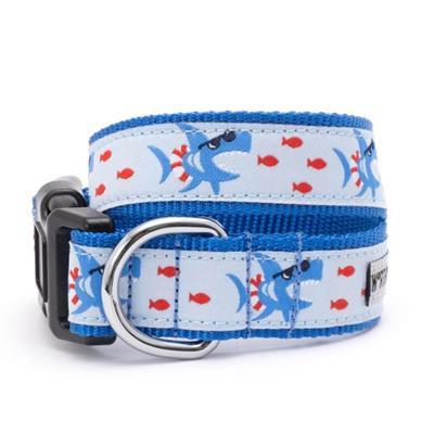 Dog collar with shark and fish pattern on a white background