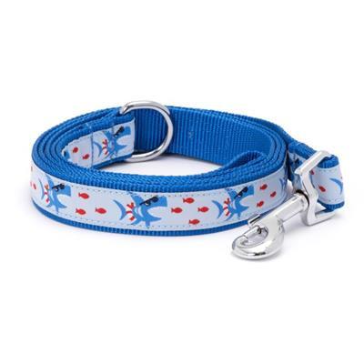 Blue dog leash with cartoon character shark design on a white background