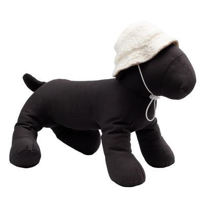 Black plush dog toy with a white fleece hat on a white background