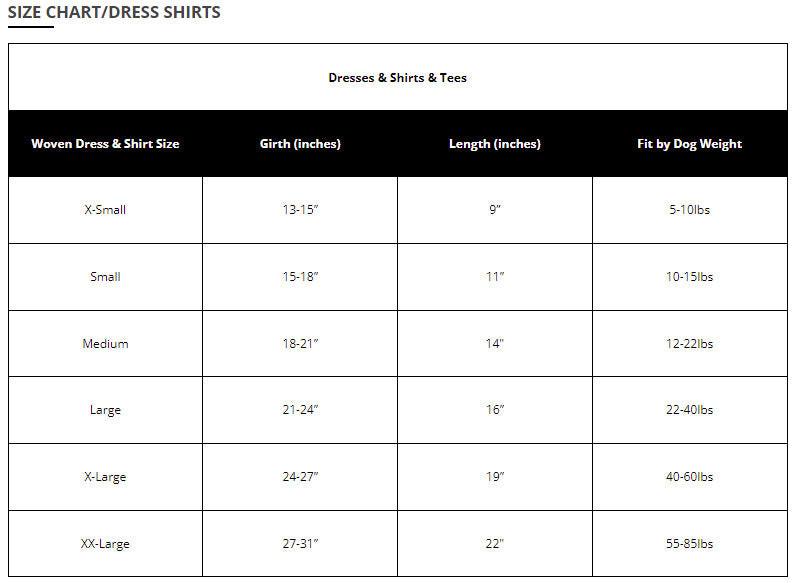 The Worthy Dog dresses, shirts & tees size chart with recommendations based on girth, length and weight on white background