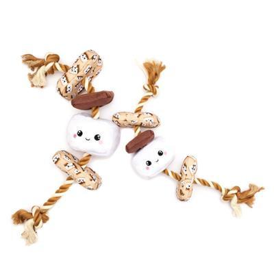 Dog toy with plush faces and braided rope on a white background