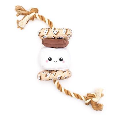 Plush toy resembling a marshmallow with a peanut and a rope on a white background