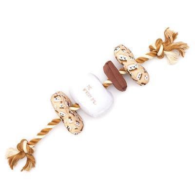 Dog toy with rings and braided rope on a white background