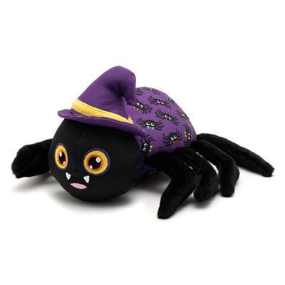 Plush spider toy with a purple hat on a white background